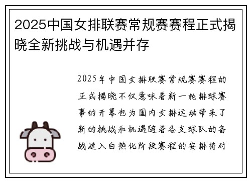 2025中国女排联赛常规赛赛程正式揭晓全新挑战与机遇并存